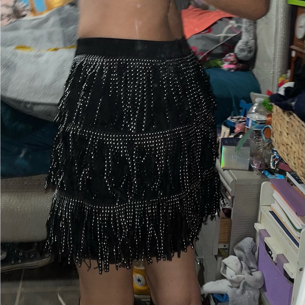 Free the Roses Black Mini Skirt with Silver Fringe